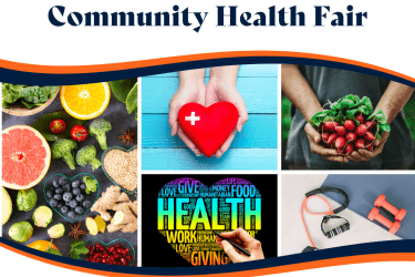 Text on image says: Community health Fair, and it has a collage of healthy foods and exercise equipment. 
